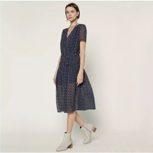 Anthropologie Current Air Dark Navy Swiss Dot Smocked Midi Dress| M